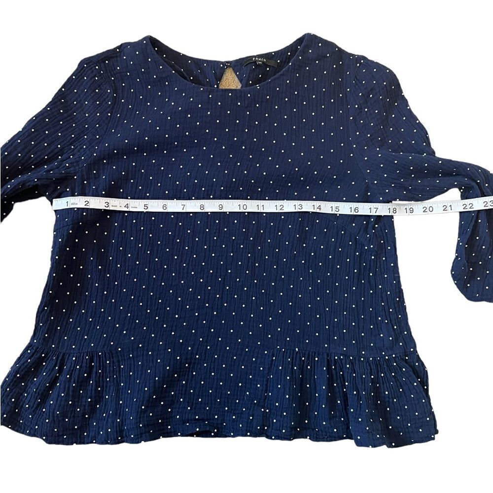 Navy Polka Dot Ruffle Bottom 3/4 SleeveScoop Neck Top S/M - Picture 8 of 8